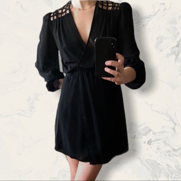 Vintage Black Sheer V-neck Mini Dress w/ Caged Style Lattice Open Back - Picture 7 of 16